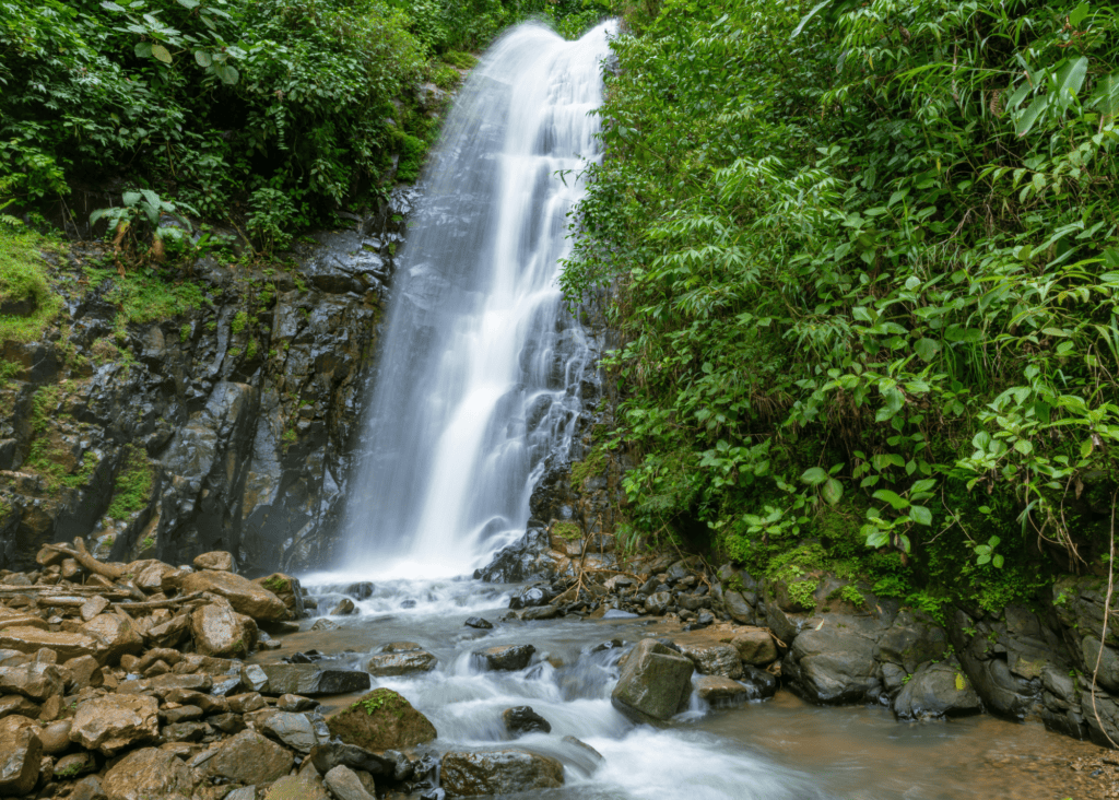 A stunning white waterfall cascades down rocky cliffs surrounded by lush green tropical rainforest vegetation in Costa Rica.