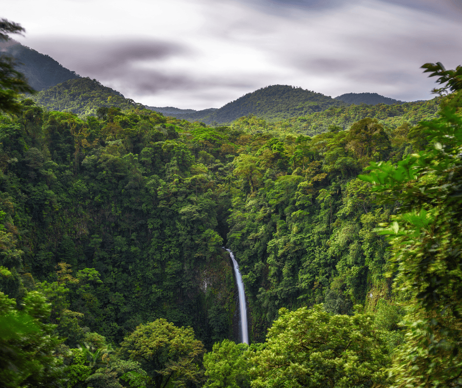 A dramatic waterfall cascading through dense, lush green rainforest in Costa Rica, surrounded by mist-covered mountains, representing the country's extraordinary biodiversity and commitment to environmental conservation.