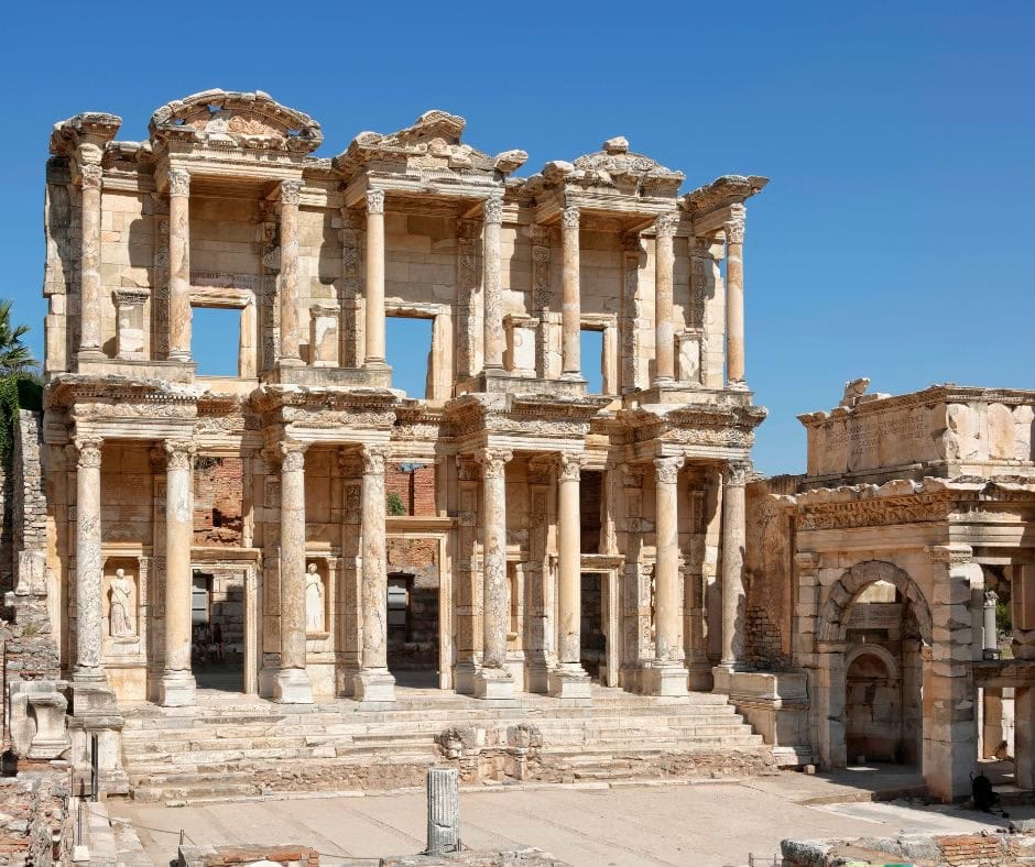 Restored facade of the Library of Celsus at the ancient city of Ephesus in Turkey.