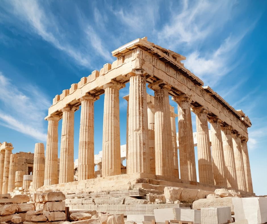 Parthenon with its ancient stone columns on the Acropolis in Athens, Greece.