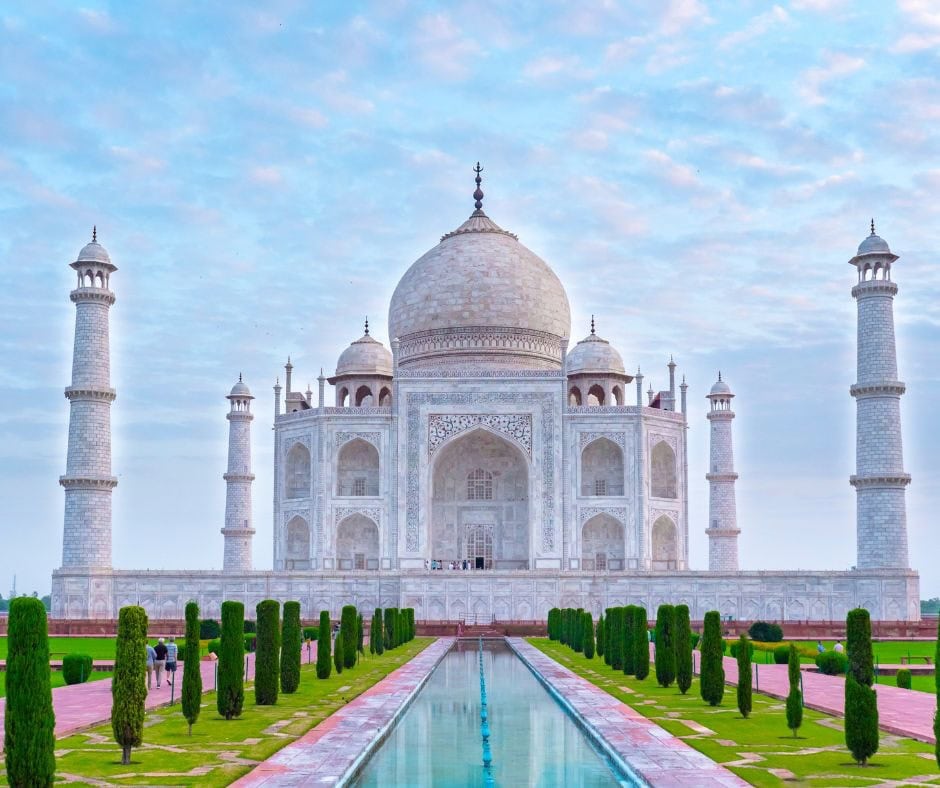 Taj Mahal in Agra, India, viewed across the gardens and reflecting pool.