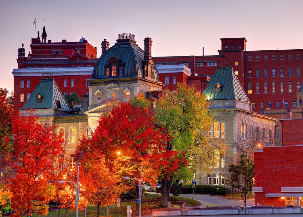 Historic buildings and colorful fall foliage in Old Quebec City, Canada
