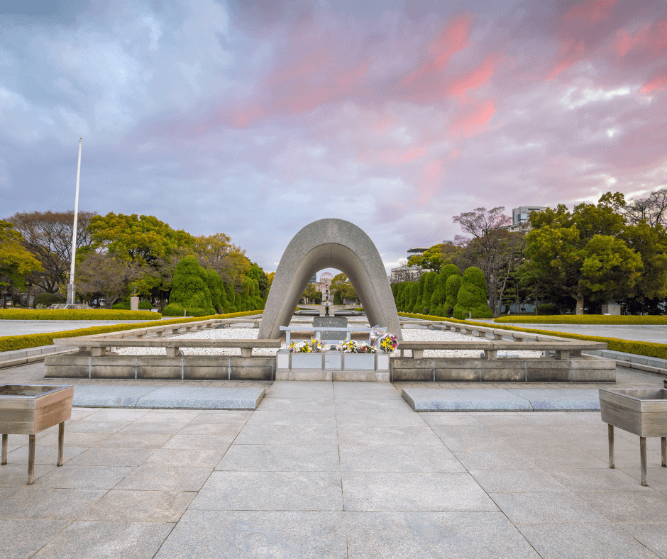 Hiroshima Peace Memorial Park in Japan, featuring the Peace Memorial Cenotaph, a symbol of remembrance and hope for a world without nuclear weapons.