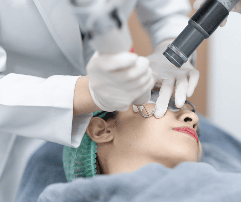 Patient receiving an advanced laser skin treatment at a dermatology clinic in South Korea, known for its innovative cosmetic and skincare procedures.