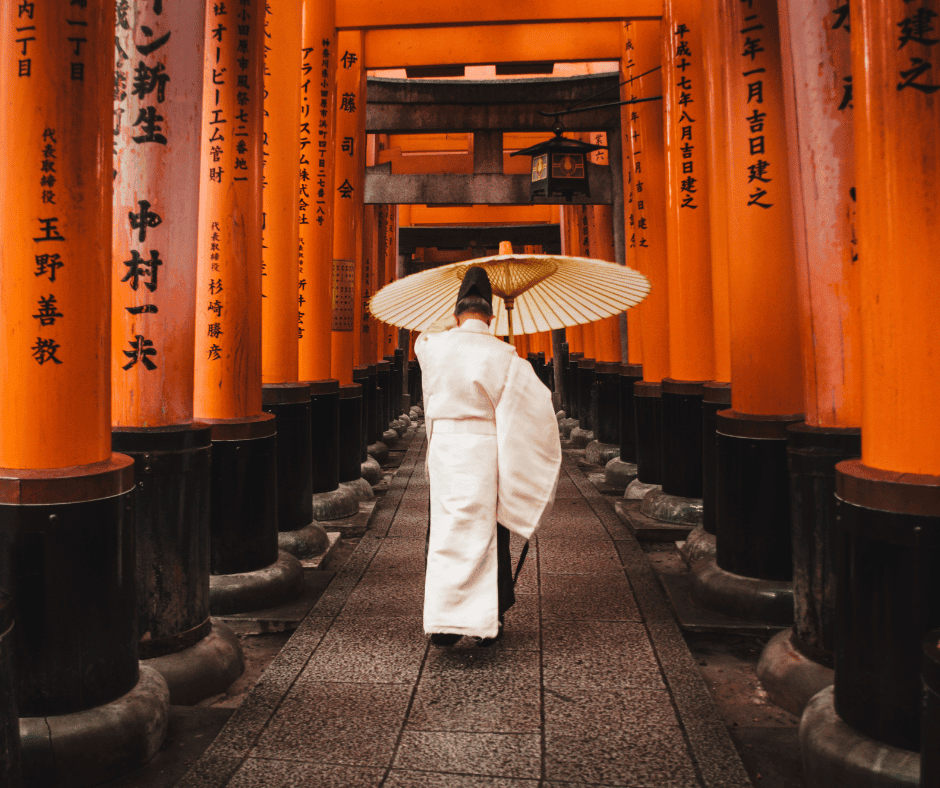 Fushimi Inari Shrine: Thousands of red torii gates lining the path up the mountain at Fushimi Inari Shrine in Kyoto Japan