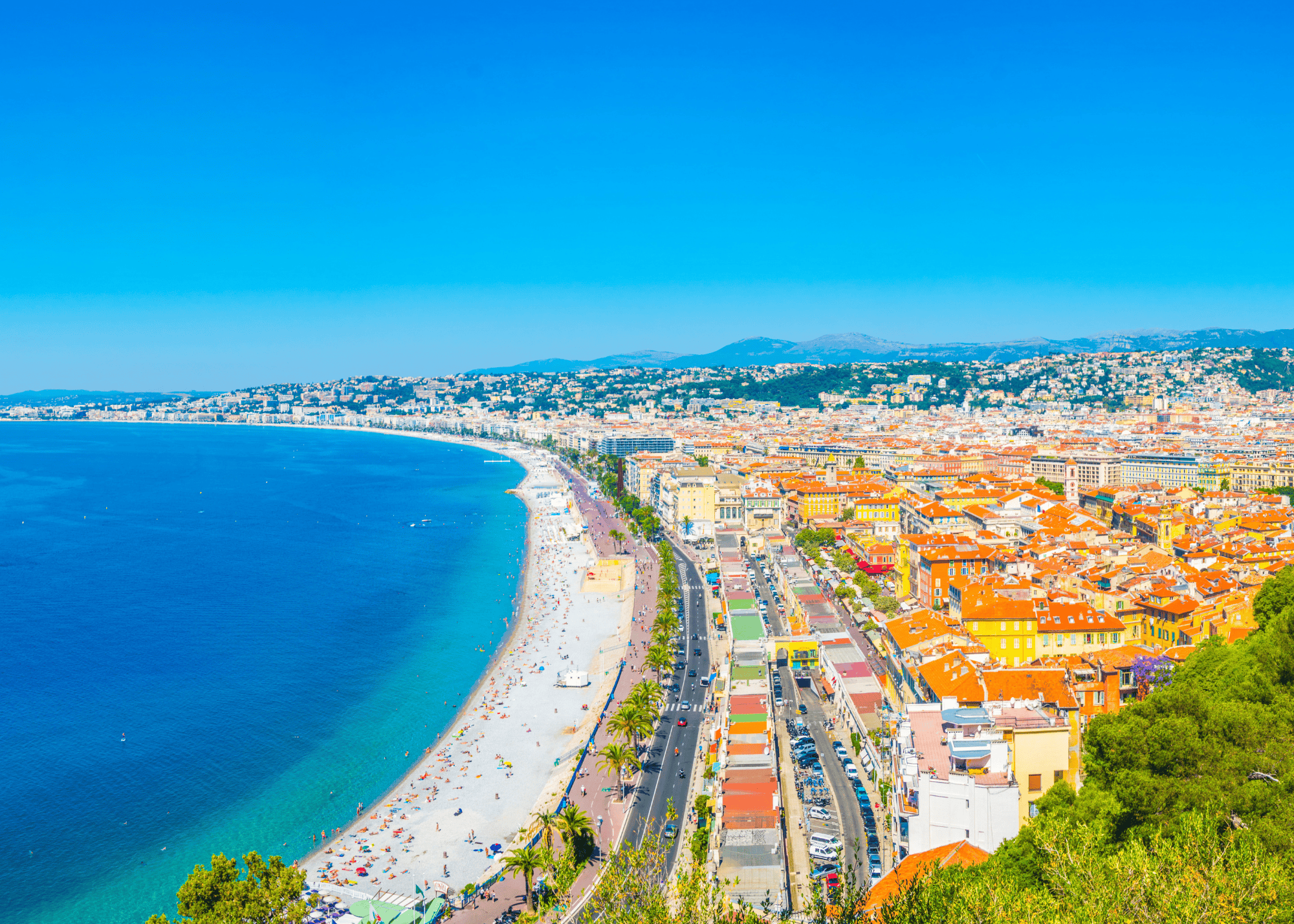 Panoramic view of Nice, the Promenade des Anglais and the Mediterranean coastline on the French Riviera