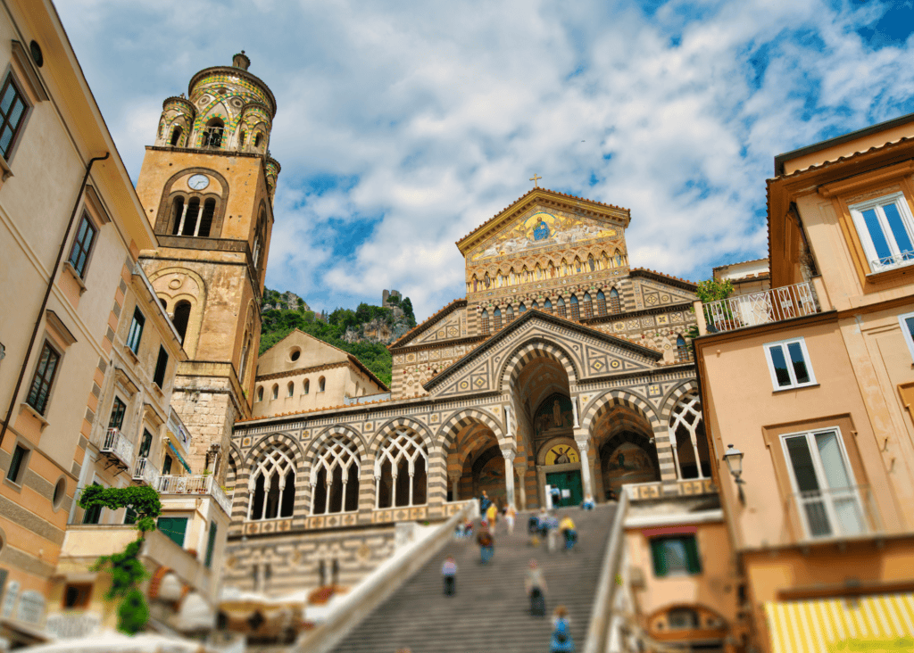 Amalfi Cathedral in the main piazza of Amalfi town on the Amalfi Coast Italy with ornate facade and bell tower