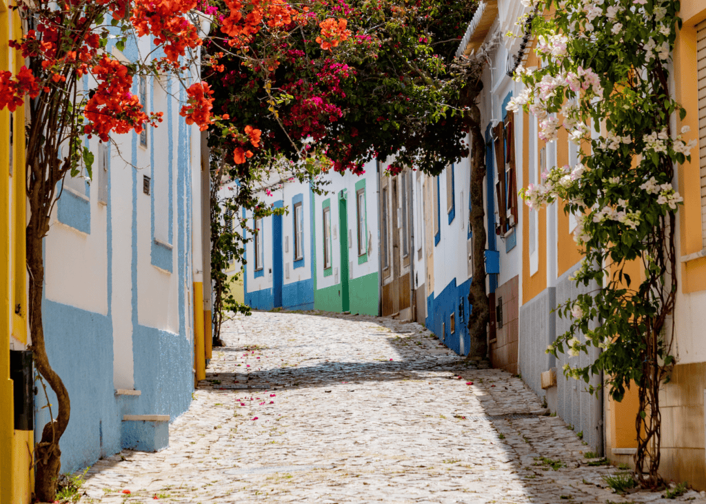 A sun drenched cobblestone street in Ferragudo Portugal lined with colorful whitewashed houses in shades of blue, yellow, and green with vibrant bougainvillea trees arching overhead.