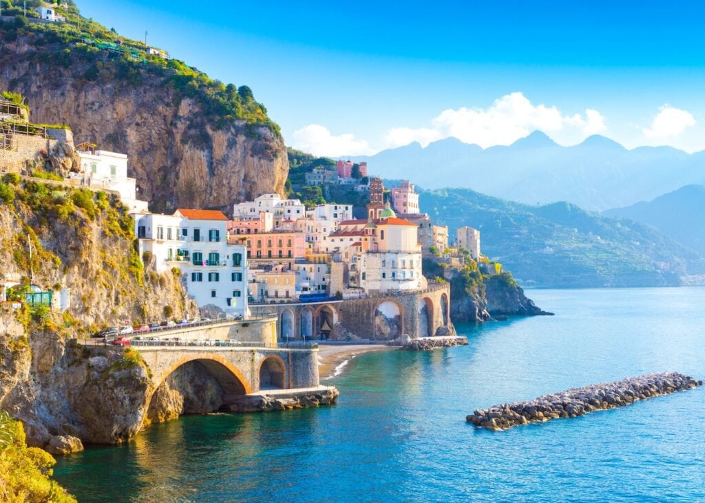 Colorful buildings perched on the cliffs along the Amalfi Coast in southern Italy.