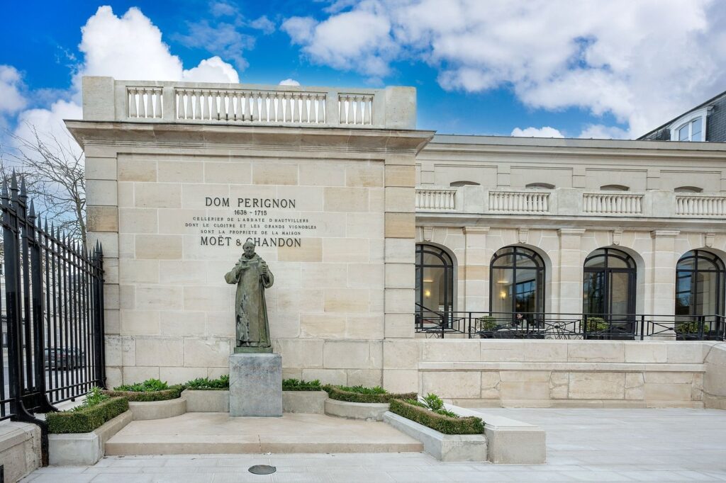 Statue of Dom Pérignon outside the Moët & Chandon champagne house in Épernay, France