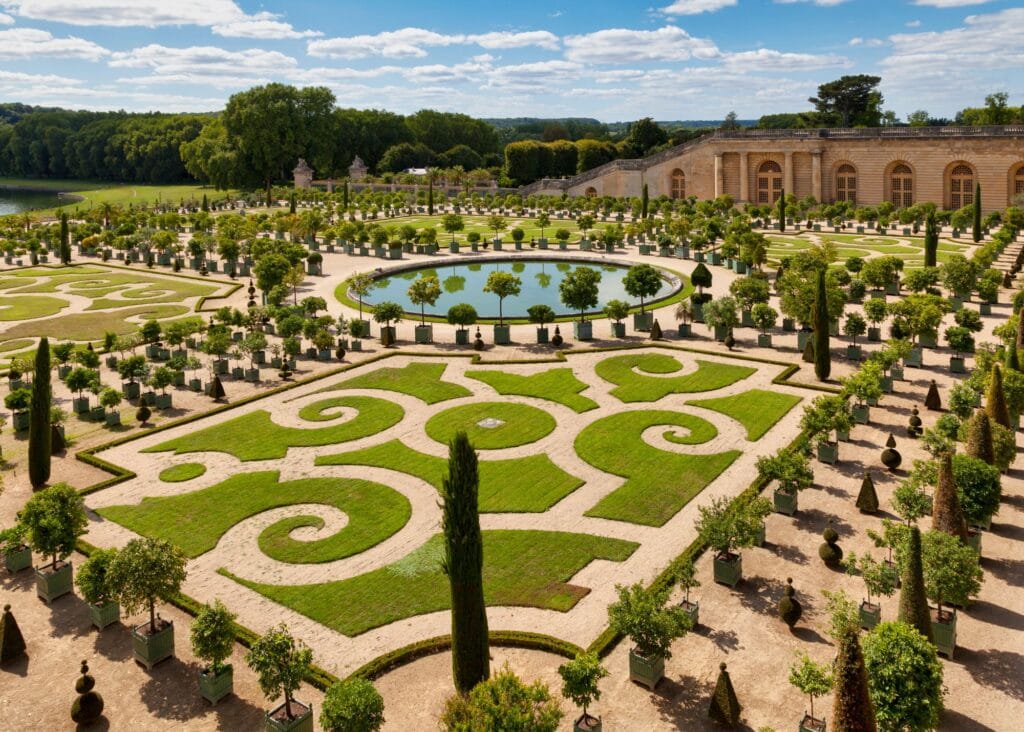 Aerial view of the formal gardens at the Palace of Versailles with the Orangerie parterre and rows of clipped citrus trees surrounding a circular fountain