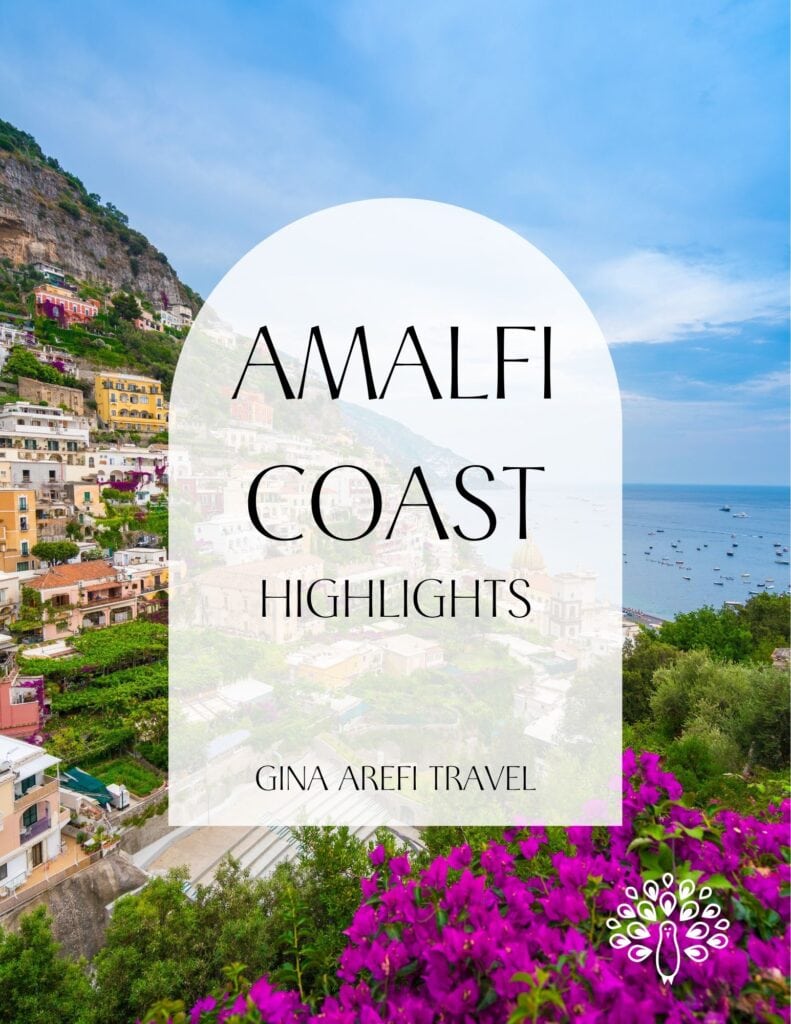 Cover of the Amalfi Coast Highlights travel guide by Gina Arefi Travel, featuring colorful cliffside buildings in Positano overlooking the Mediterranean Sea.