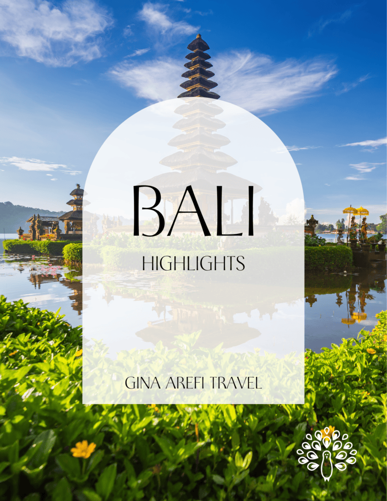 Cover of the Bali Highlights destination guide by Gina Arefi Travel, featuring the traditional Balinese temple at Ulun Danu Beratan Lake surrounded by tropical gardens.