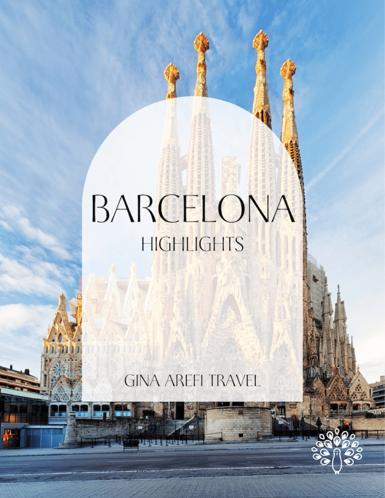 Cover of the Barcelona Highlights destination guide by Gina Arefi Travel, featuring Antoni Gaudí’s famous Sagrada Família basilica in Barcelona, Spain.