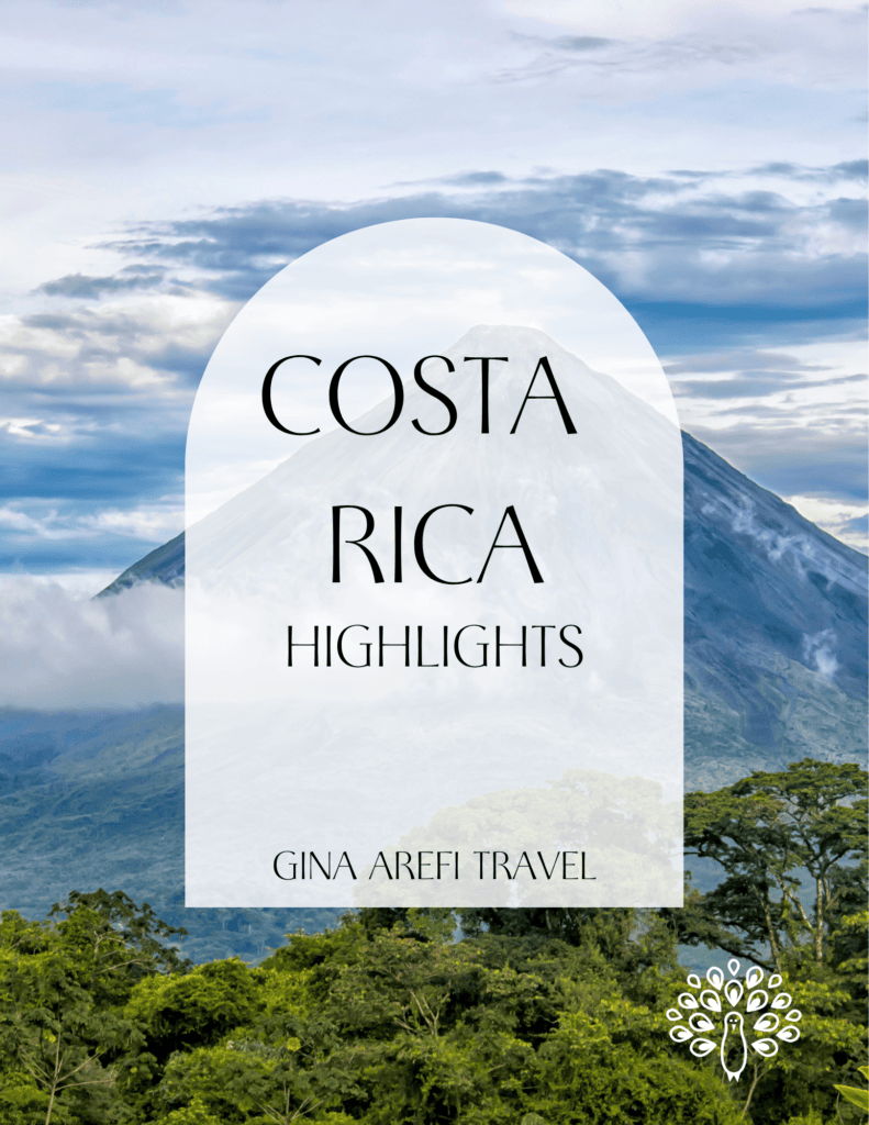 Cover of the Costa Rica Highlights travel guide by Gina Arefi Travel, featuring Arenal Volcano rising above a lush tropical rainforest.