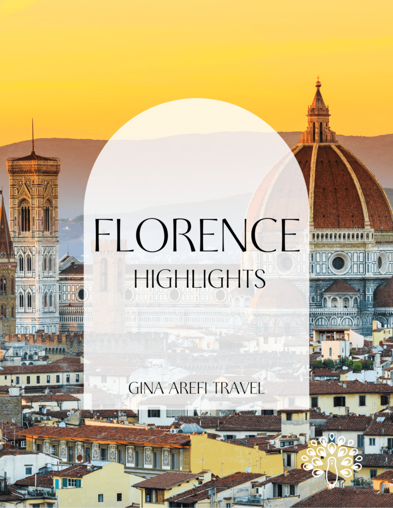 Cover of the Florence Highlights destination guide by Gina Arefi Travel, featuring Florence Cathedral's famous dome, Giotto's Bell Tower, and the rooftops of Florence, Italy.