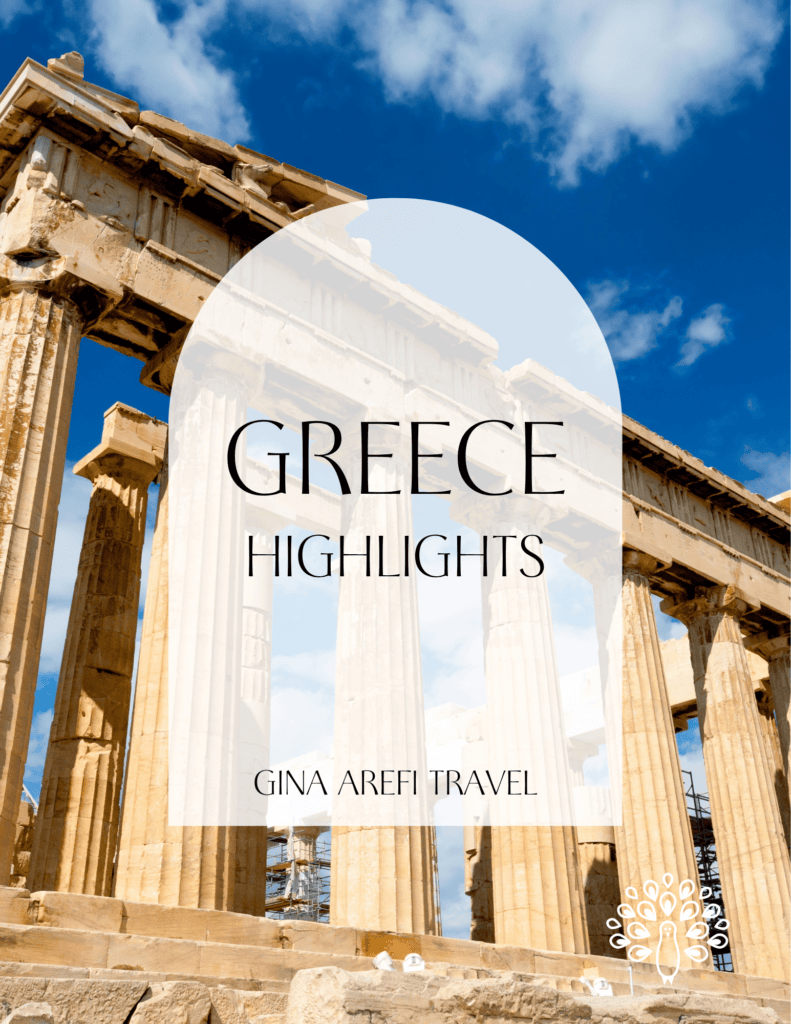 Cover of the Greece Highlights destination guide by Gina Arefi Travel, featuring the ancient Parthenon on the Acropolis in Athens, Greece.