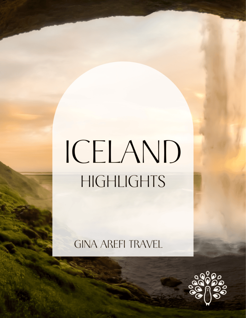 Iceland Highlights destination guide cover featuring a dramatic waterfall, lush green landscape, and golden sunset, by Gina Arefi Travel.