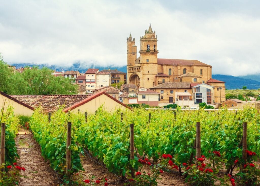 Vineyard rows leading toward a stone church and hillside village in La Rioja Spain with mountains in the background