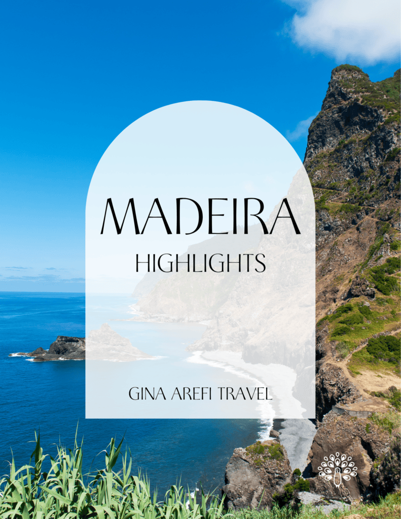 Madeira Highlights destination guide cover featuring dramatic coastal cliffs, lush green mountains, and the Atlantic Ocean, by Gina Arefi Travel.
