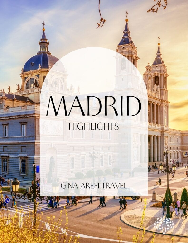 Madrid Highlights destination guide cover featuring Almudena Cathedral in Madrid, Spain, by Gina Arefi Travel.