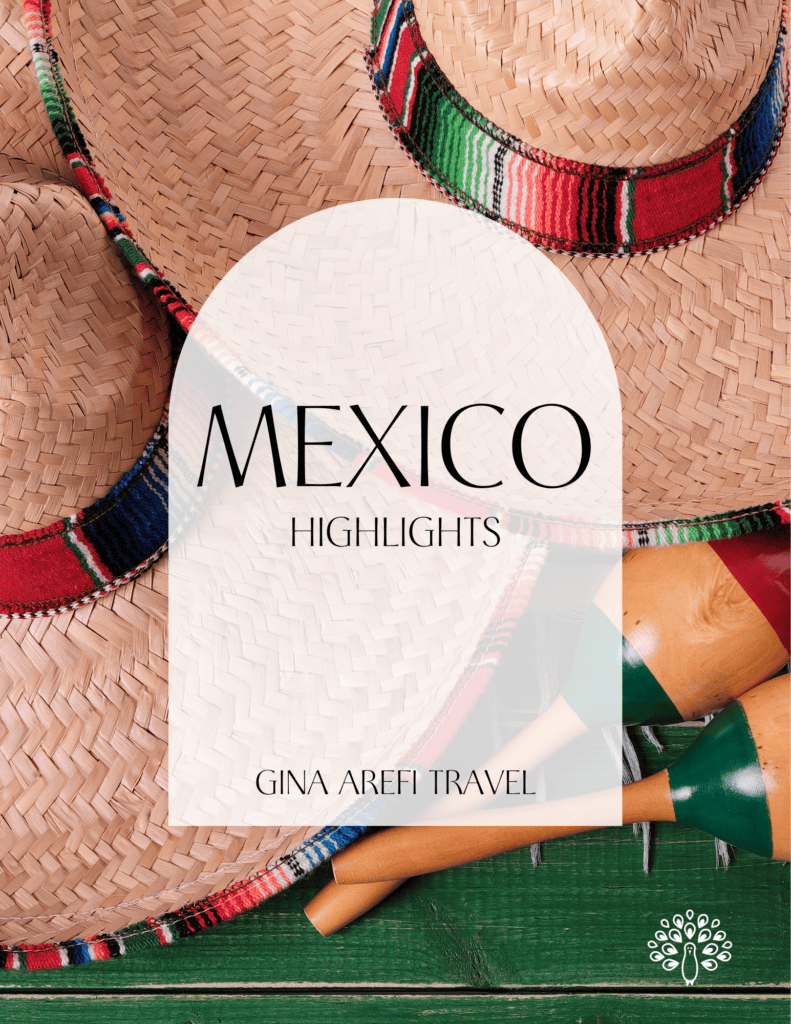 Mexico Highlights destination guide cover featuring traditional woven sombreros and colorful maracas, by Gina Arefi Travel.