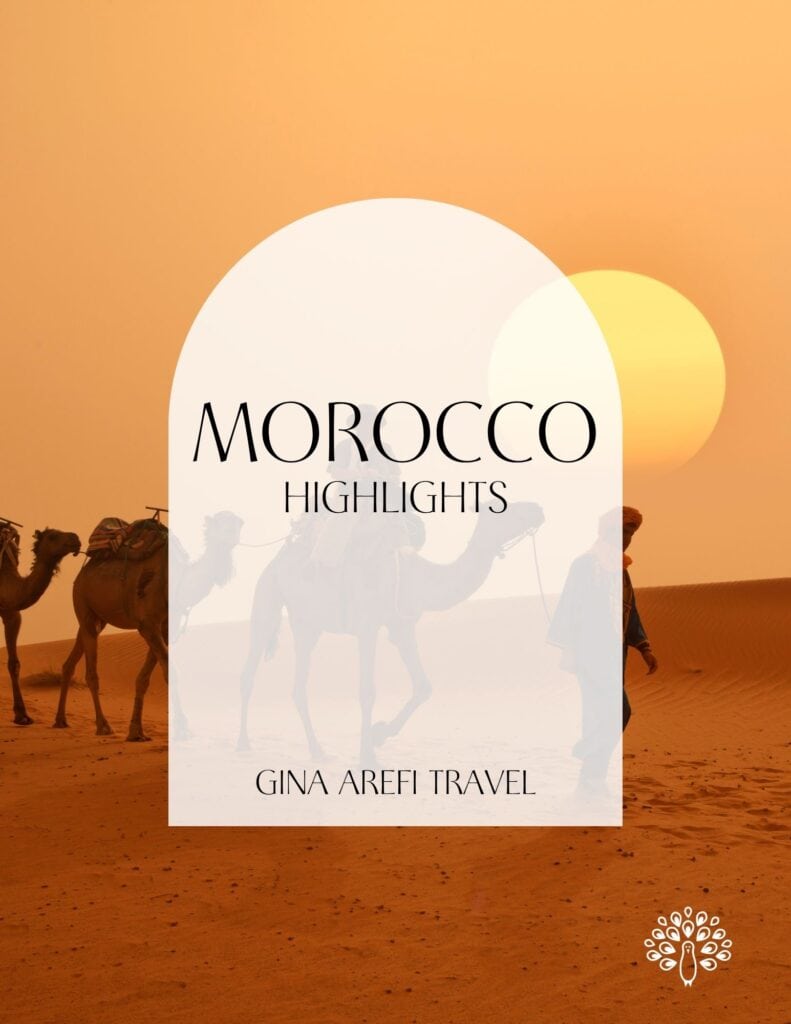 Morocco Highlights destination guide cover featuring a camel caravan crossing the Sahara Desert at sunset, by Gina Arefi Travel.