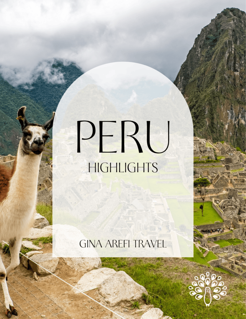 Peru Highlights destination guide cover featuring a llama overlooking Machu Picchu in the Andes Mountains, by Gina Arefi Travel.