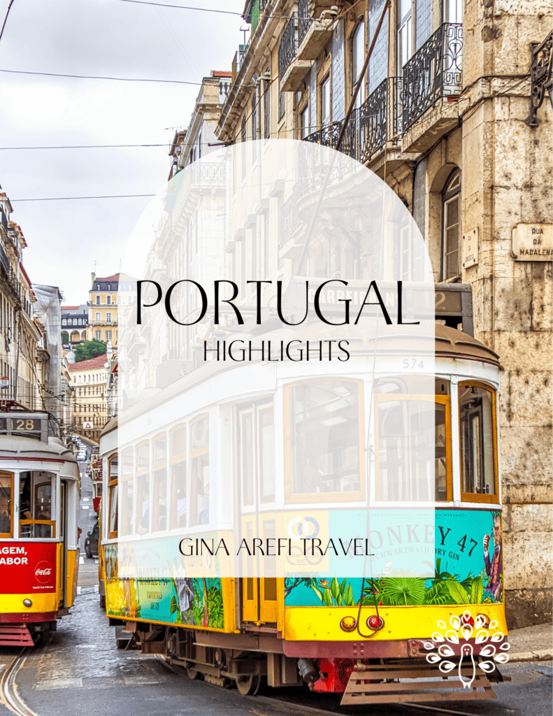 Portugal Highlights destination guide cover featuring a yellow tram on a historic Lisbon street, by Gina Arefi Travel.