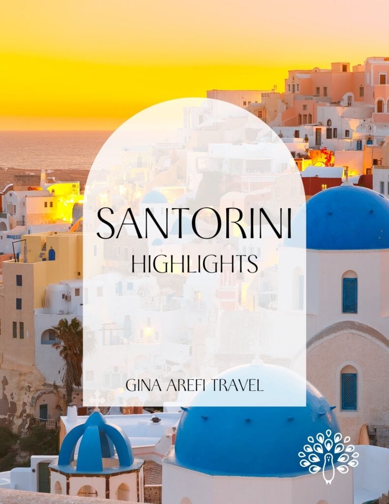 Santorini Highlights destination guide cover featuring blue-domed churches and whitewashed buildings overlooking the Aegean Sea at sunset, by Gina Arefi Travel.