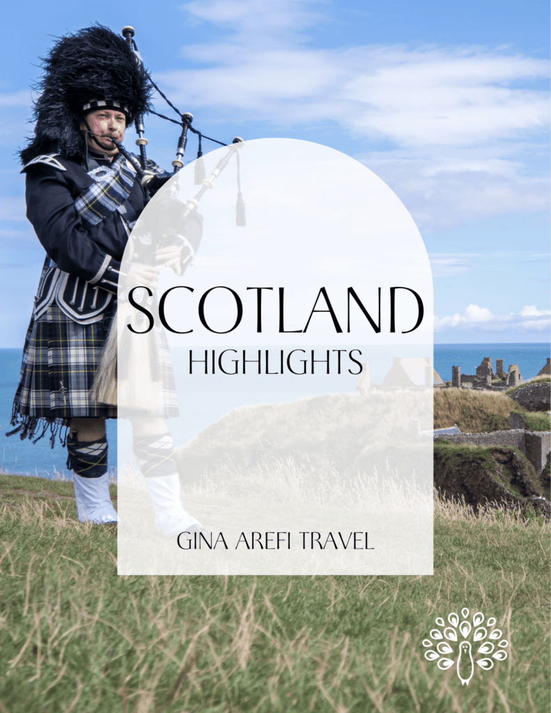 Scotland Highlights destination guide cover featuring a traditional bagpiper in Highland dress overlooking coastal castle ruins, by Gina Arefi Travel.