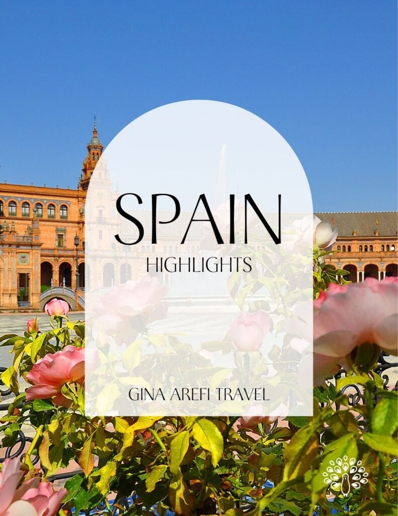 Spain Highlights destination guide cover featuring Plaza de España in Seville, with pink roses in the foreground, by Gina Arefi Travel.