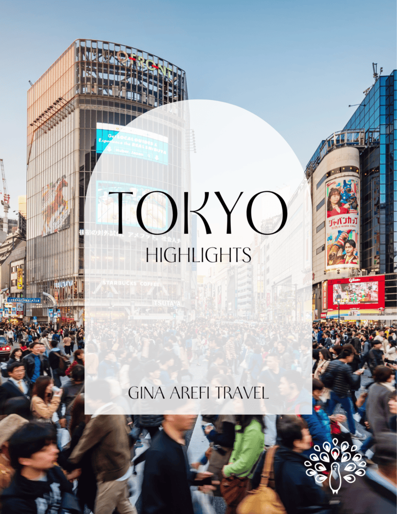 Tokyo Highlights destination guide cover featuring crowds crossing Shibuya Crossing surrounded by illuminated billboards and modern buildings, by Gina Arefi Travel.