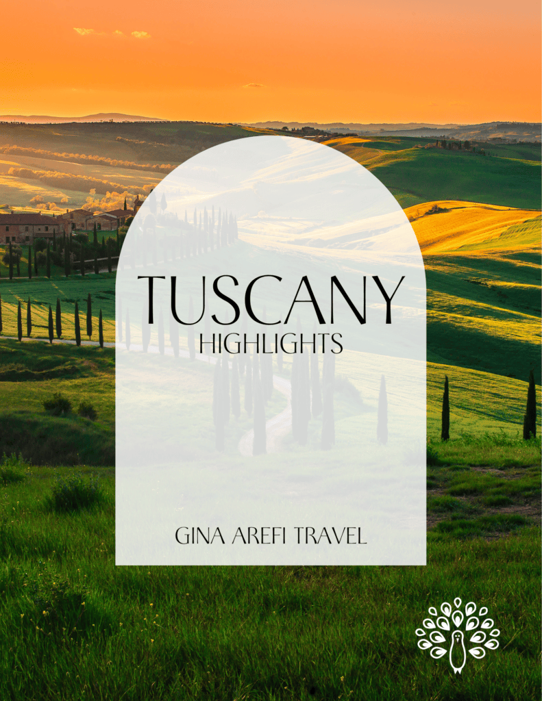 Tuscany Highlights destination guide cover featuring rolling green hills, cypress-lined roads, and a countryside villa at sunset, by Gina Arefi Travel.