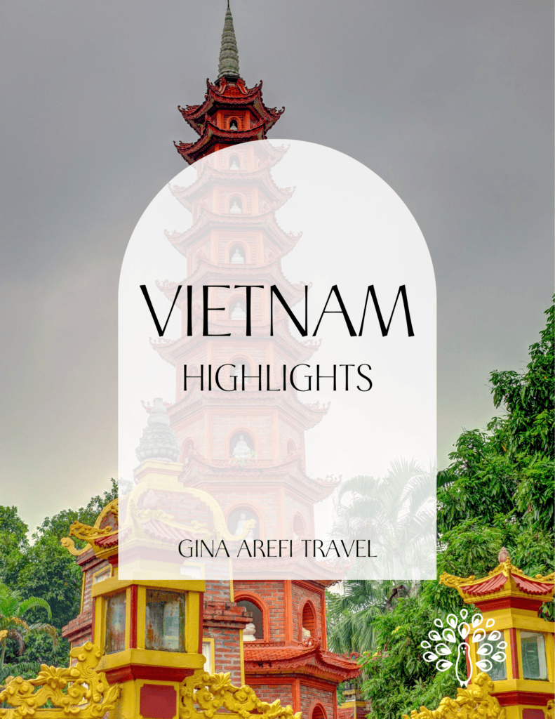 Vietnam Highlights destination guide cover featuring a traditional red pagoda surrounded by lush greenery in Hanoi, by Gina Arefi Travel.